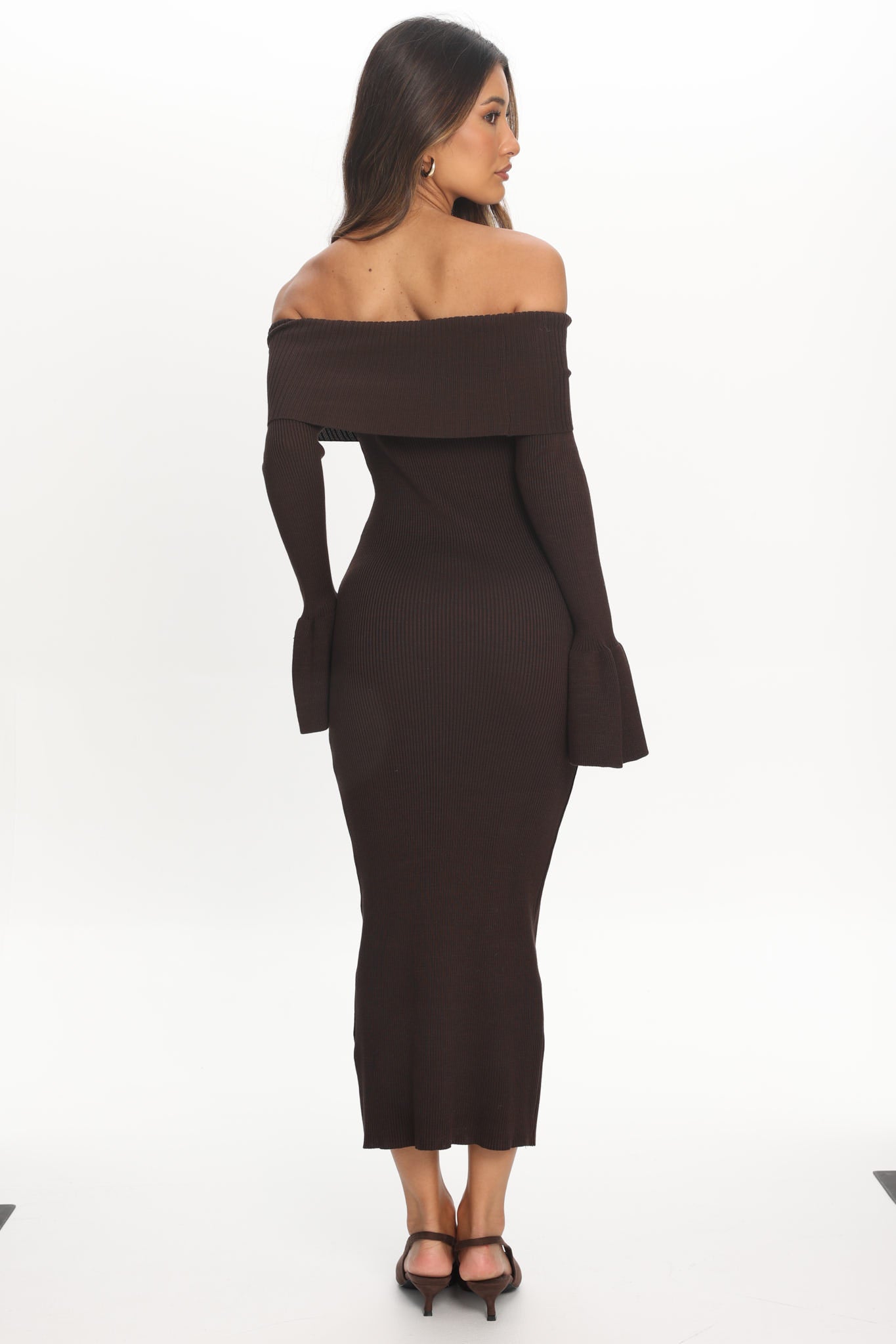SASHA KNIT OFF THE SHOULDER MIDI - CHOCOLATE