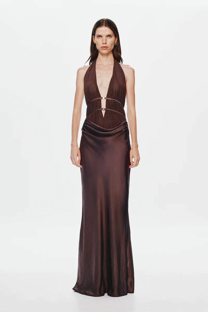 MISHA - THE CELINE SATIN DRESS - CHOCOLATE