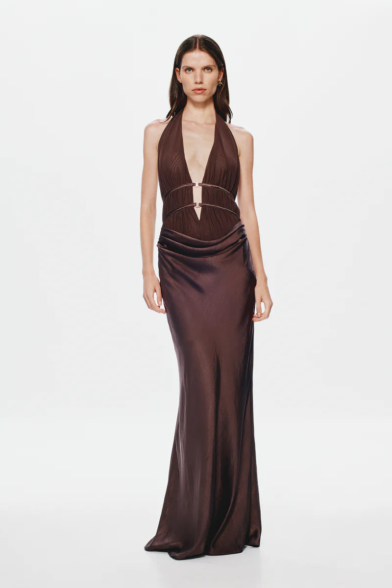 MISHA - THE CELINE SATIN DRESS - CHOCOLATE
