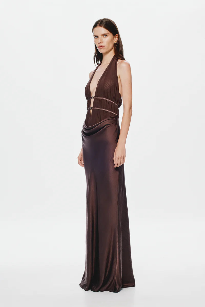 MISHA - THE CELINE SATIN DRESS - CHOCOLATE