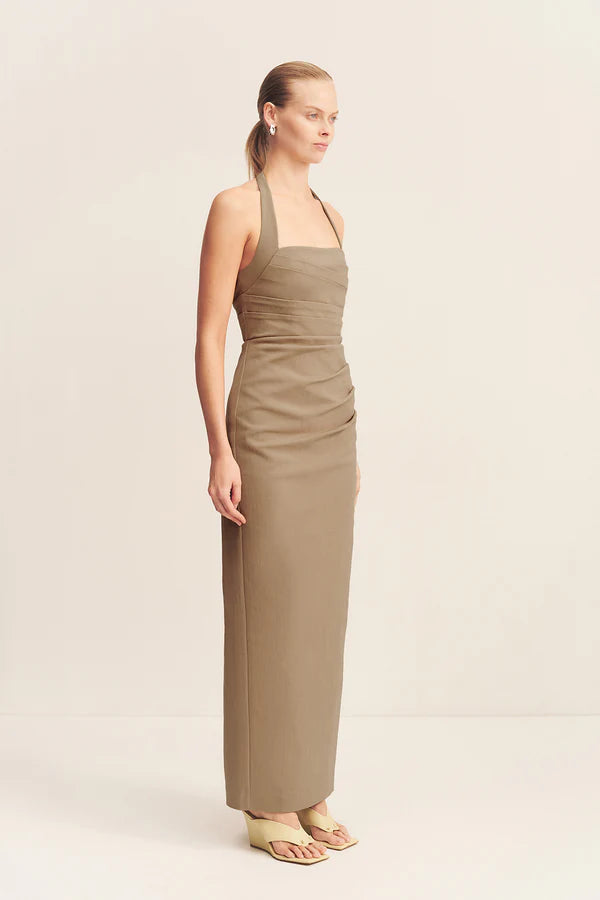 SHONA JOY - LANI DRAPED HALTER MAXI DRESS - PEBBLE
