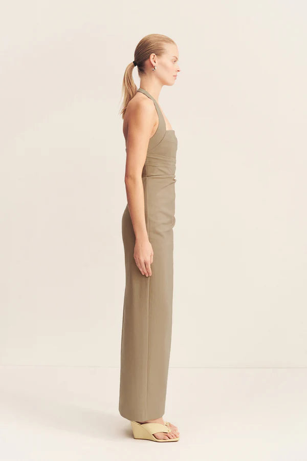 SHONA JOY - LANI DRAPED HALTER MAXI DRESS - PEBBLE