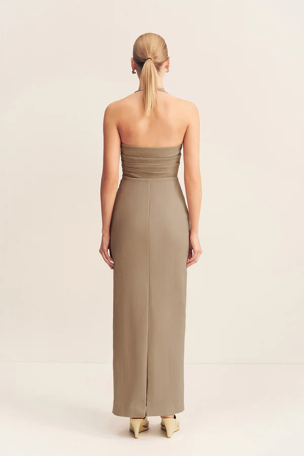 SHONA JOY - LANI DRAPED HALTER MAXI DRESS - PEBBLE