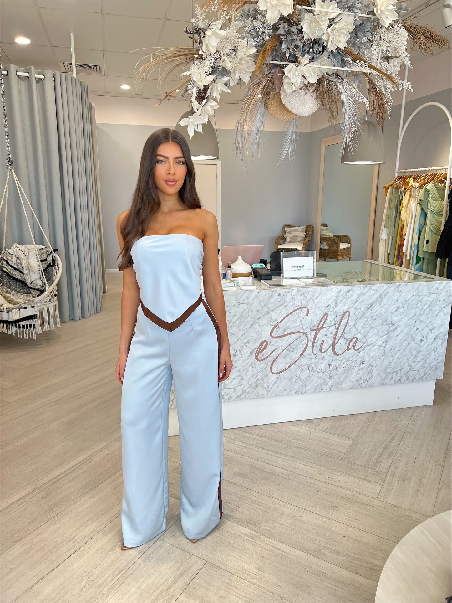 TINA SCARF TOP - SKY BLUE/CHOCOLATE