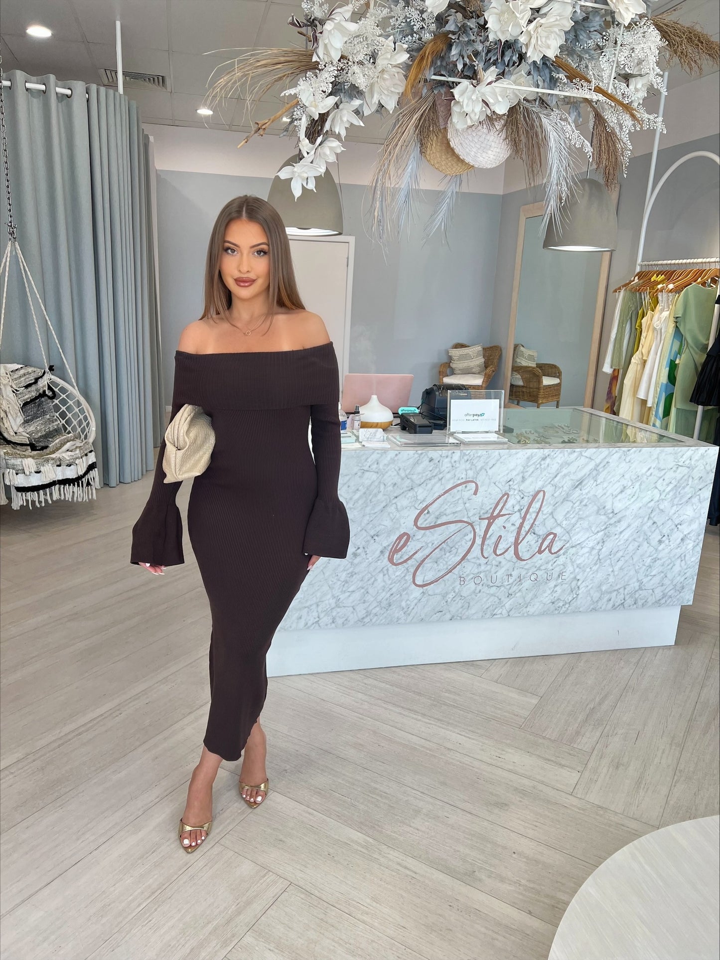 SASHA KNIT OFF THE SHOULDER MIDI - CHOCOLATE