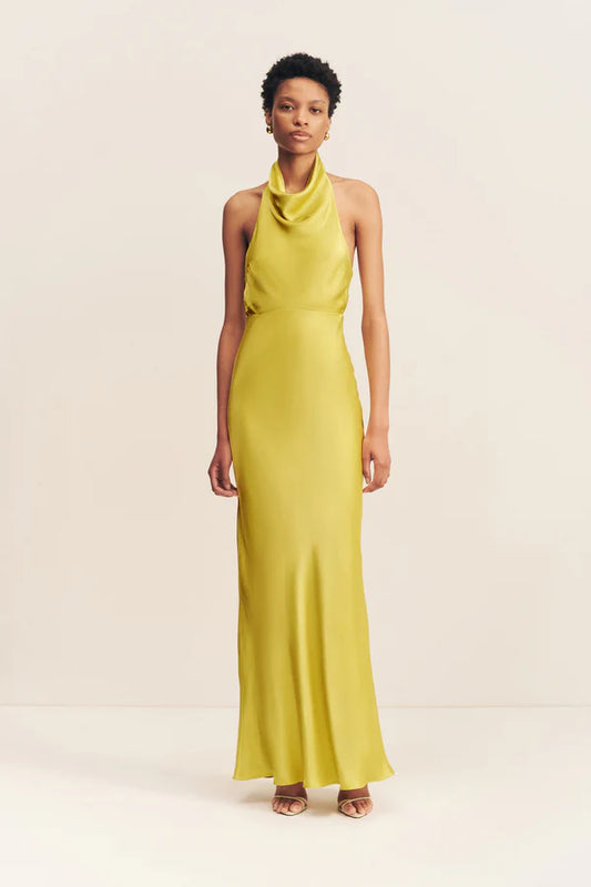 SHONA JOY - SOFIA HIGH COWL OPEN BACK MAXI DRESS - LIME