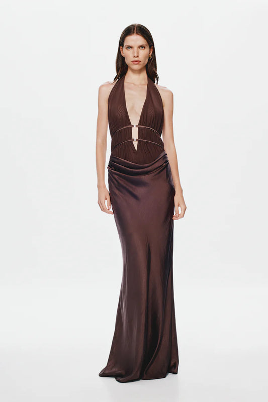 MISHA - THE CELINE  SATIN DRESS - CHOCOLATE