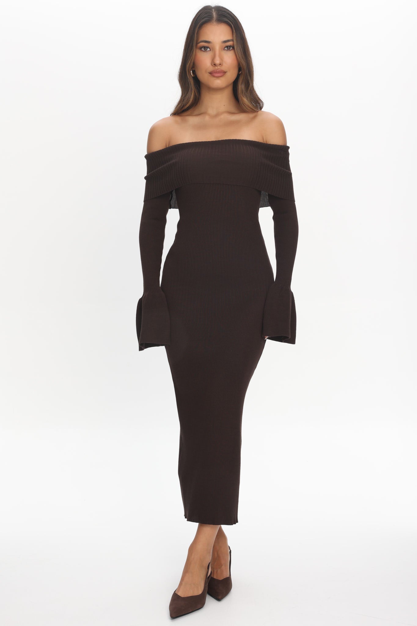 SASHA KNIT OFF THE SHOULDER MIDI - CHOCOLATE