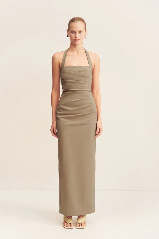SHONA JOY - LANI DRAPED HALTER MAXI DRESS - PEBBLE