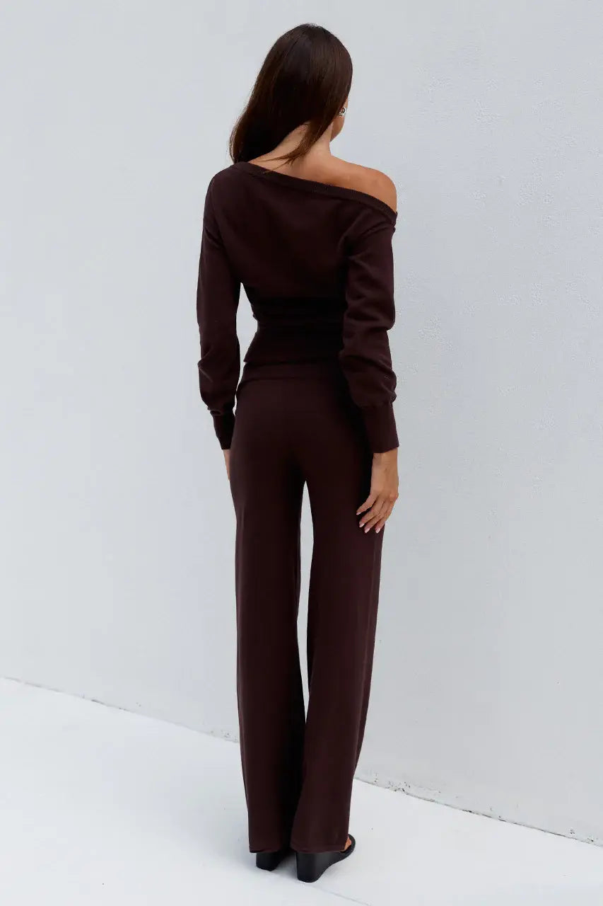 HEATHER WIDE LEG KNIT PANT - CHOCOLATE