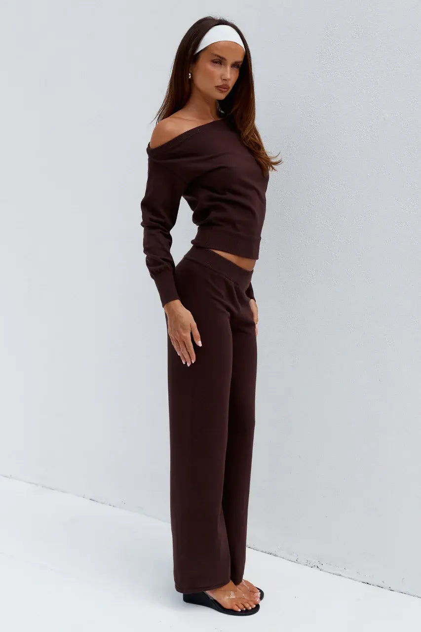 HEATHER WIDE LEG KNIT PANT - CHOCOLATE